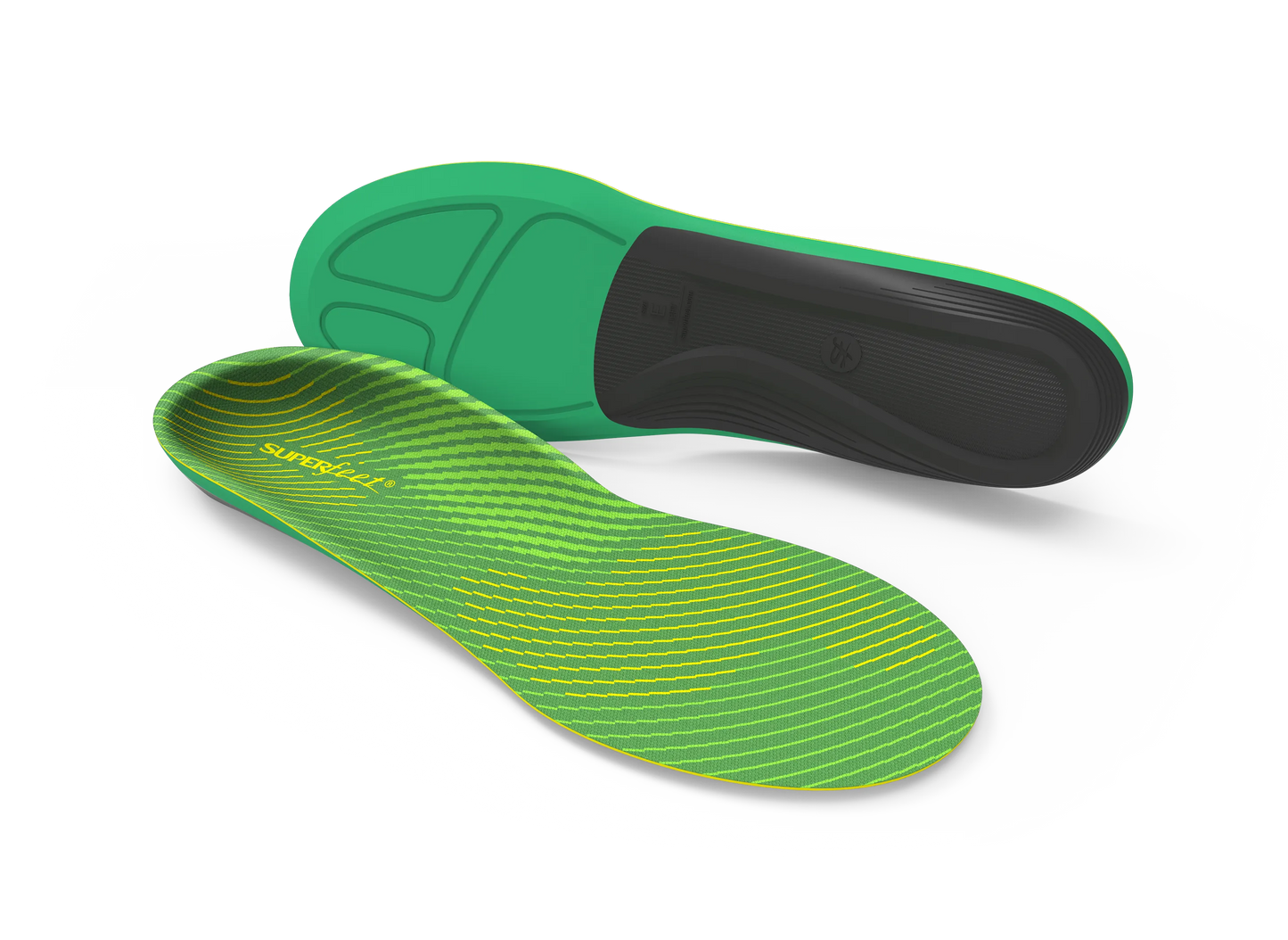Green and black shoe insoles on a white background