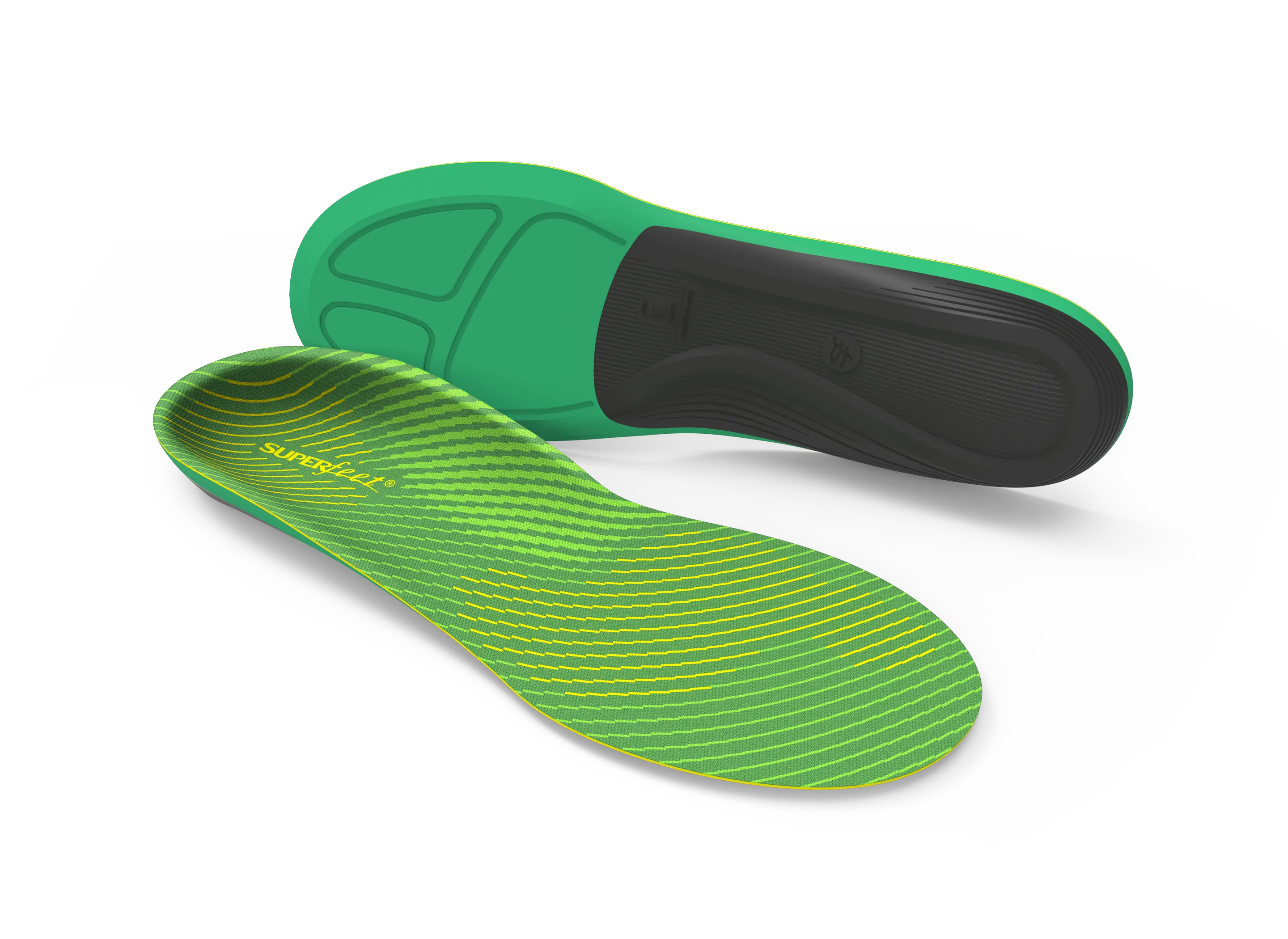 Green and black shoe insoles on a white background