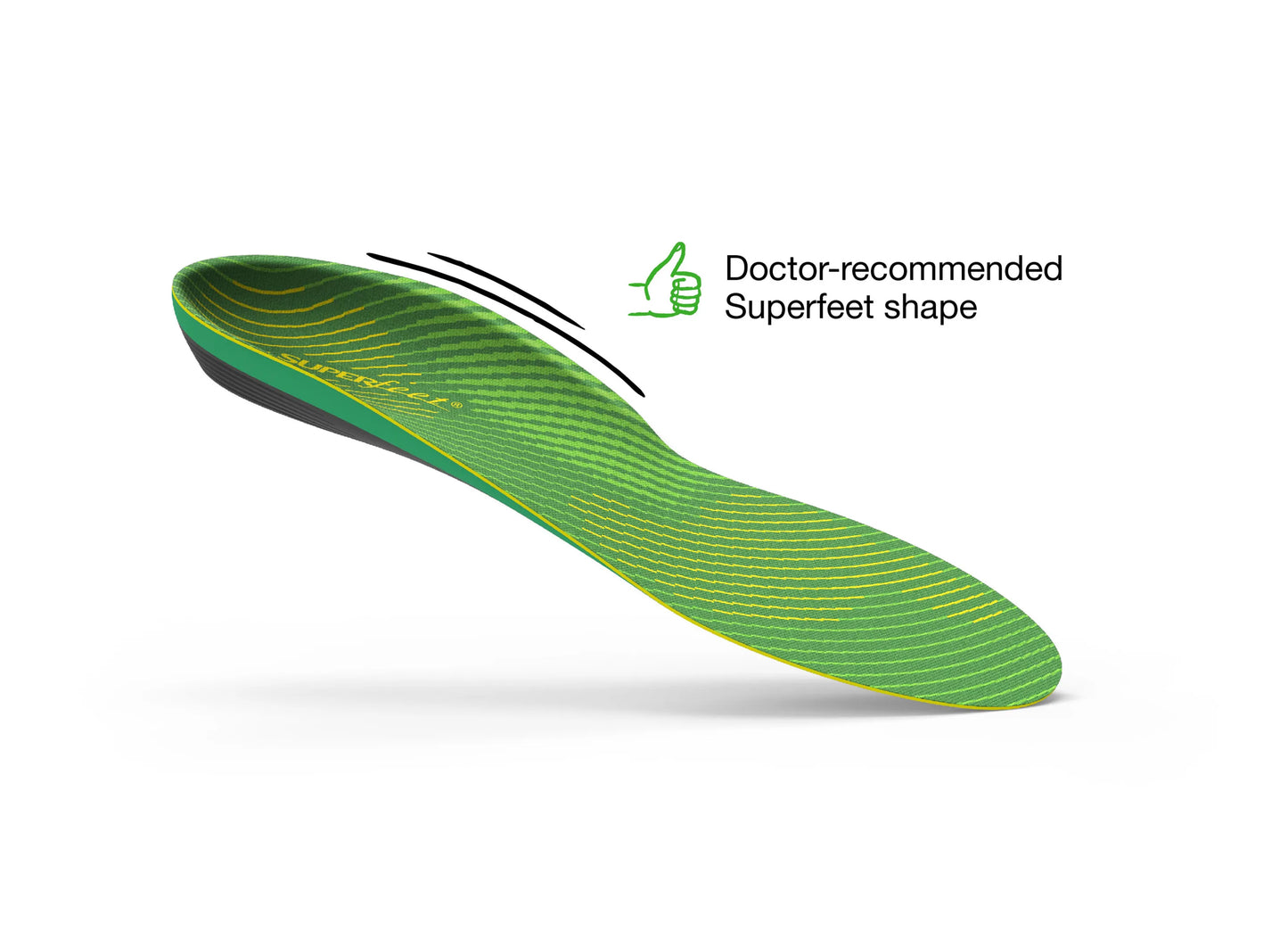 Green shoe insole with 'Doctor-recommended Superfeet shape' text on a white background