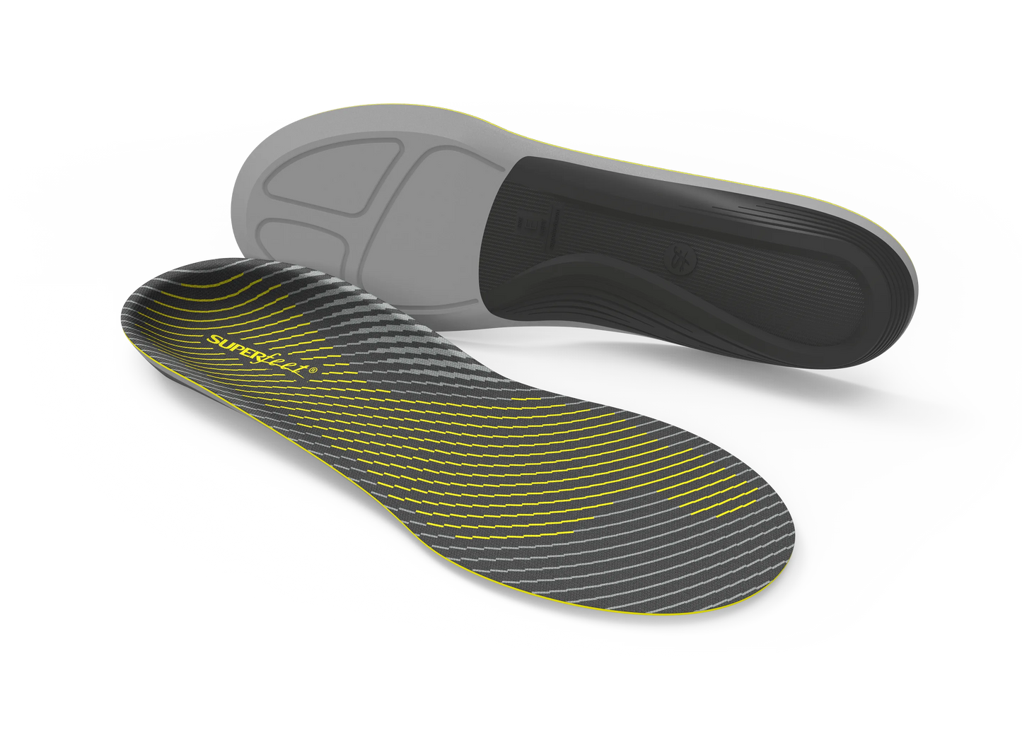 Gray and black shoe insole with yellow accents and Superfeet branding on a white background
