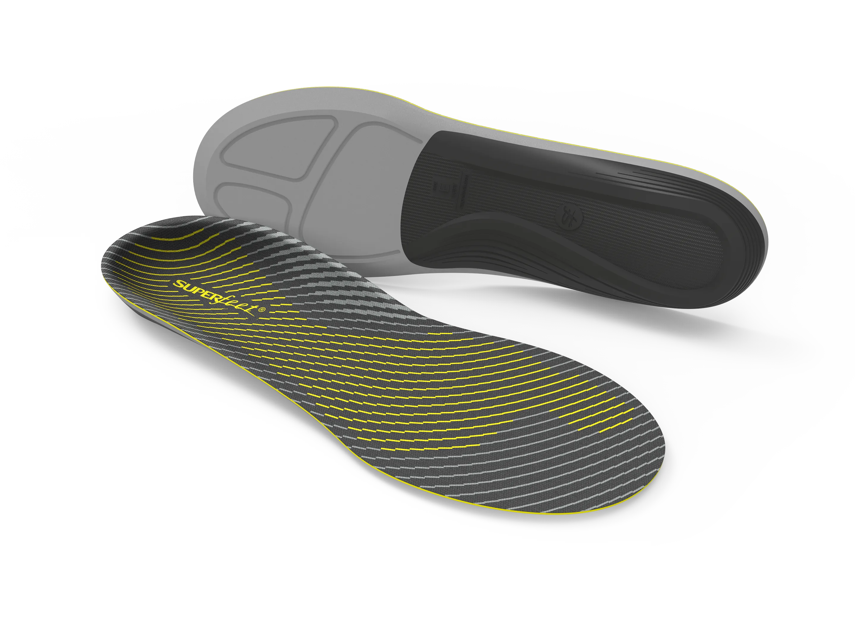 Gray and black shoe insole with yellow accents and Superfeet branding on a white background