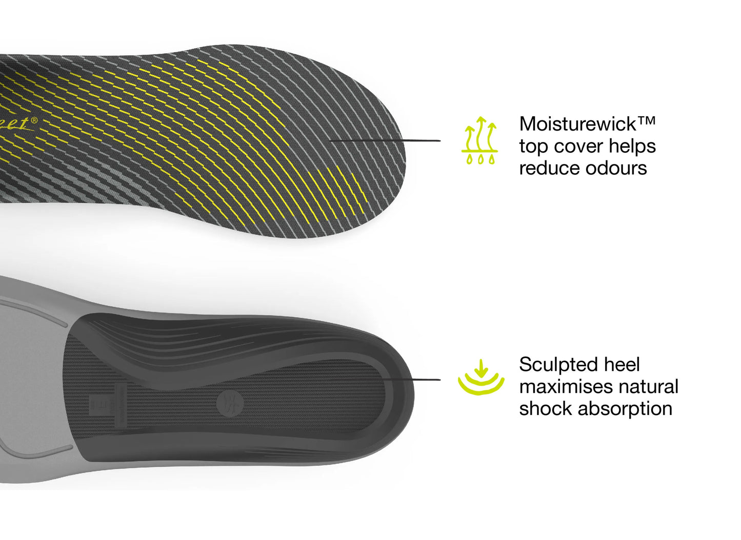 Close-up of a shoe sole with text highlighting Moisturewick top cover and sculpted heel design.