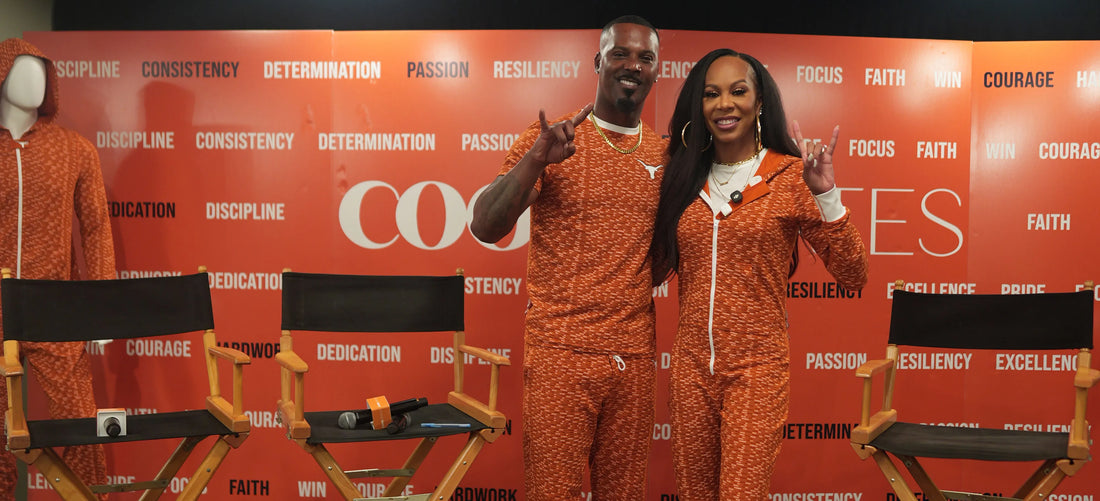 Photo of Sanya Richards-Ross and Aaron Ross in front of black chairs and an orange background.