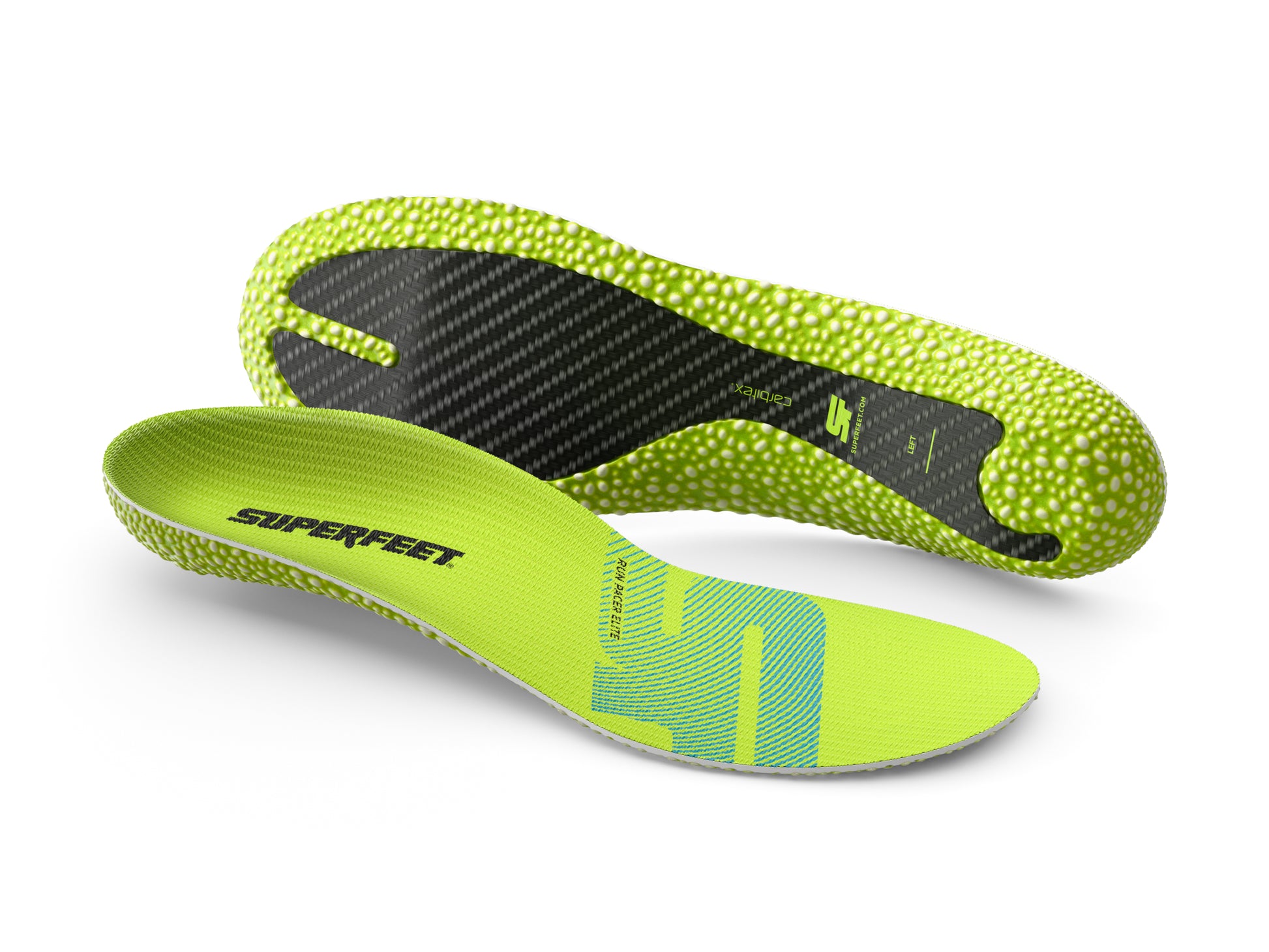 Superfeet's Run Pacer Elite Insoles against a white background. Image depicts two insoles, one showing the top of the insole, the other showing the underneath of the insole. 