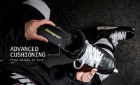 Person putting in Superfeet's Hockey Playmaker Insole into a hockey skate. Text Reads "Advanced Cushioning First minute to last" 