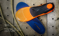 A pair Superfeet Work Cushion insole against a a cement background. Text reads "Anti-fatigue dual-layer cushioning guards against stress & strain". 