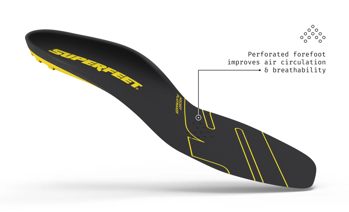 Superfeet's Hockey Playmaker Insole shown from a front angle on a white background. Text Reads "Perforated forefoot improves air circulation & breathability" 