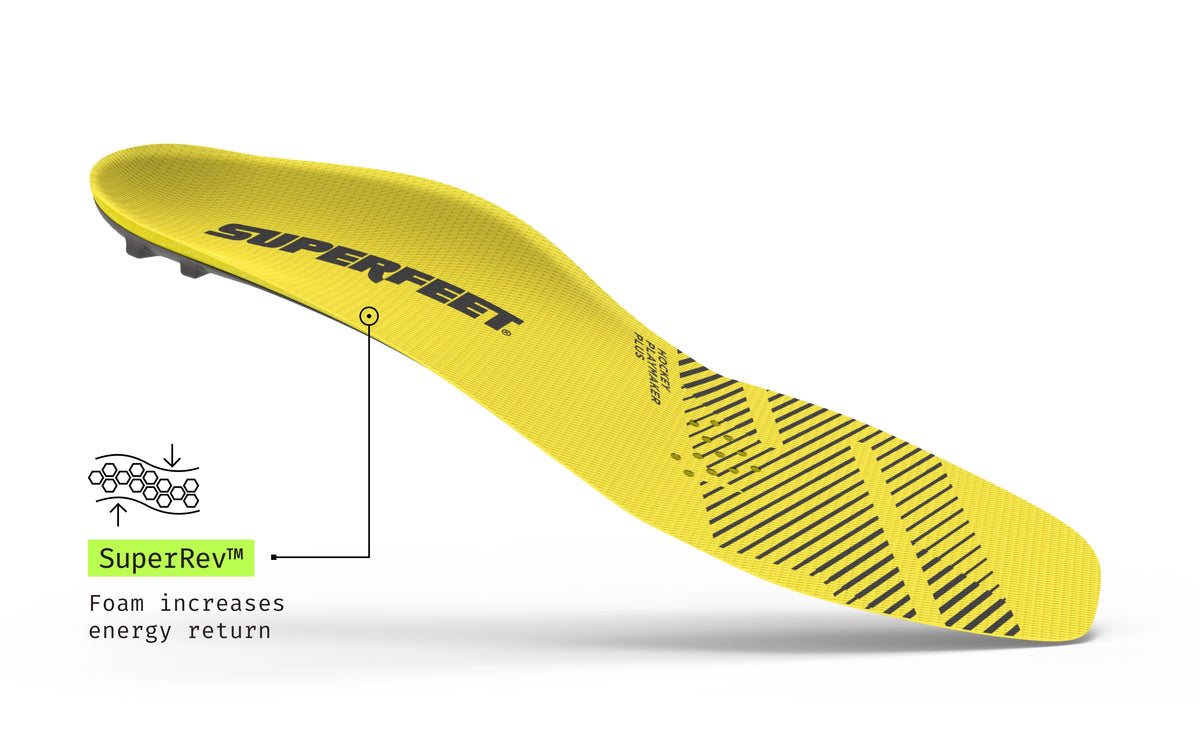 Superfeet's Hockey Playmaker Plus insole against a white background. Text reads "SuperRev Foam increases energy return"