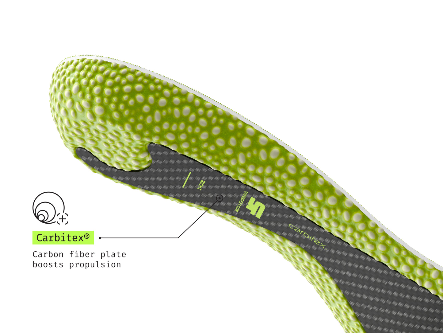 Close-up image of Superfeet's Run Pacer Elite insole underside. Text reads "Carbitex (Registered Trademark) Carbon fiber plate boosts propulsion". 
