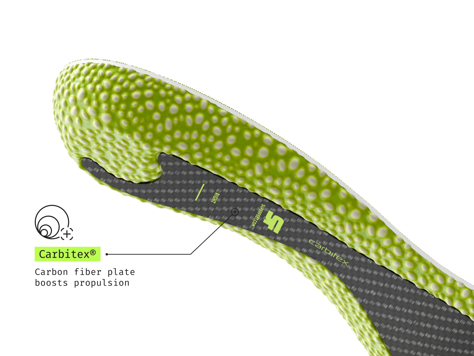 Close-up image of Superfeet's Run Pacer Elite insole underside. Text reads "Carbitex (Registered Trademark) Carbon fiber plate boosts propulsion". 