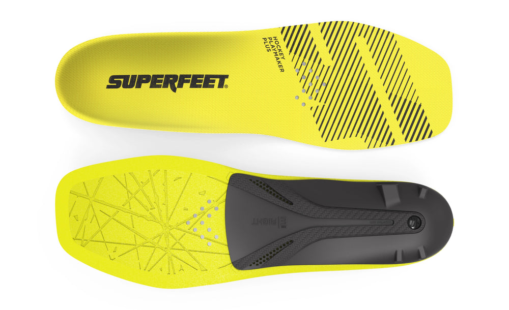 Superfeet's Hockey Playmaker Plus insoles from a top down view against a white background. 