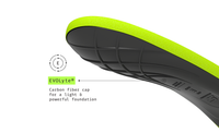 Close-up of a bicycle seat with carbon fibre cap and EVOLyte branding on a white background