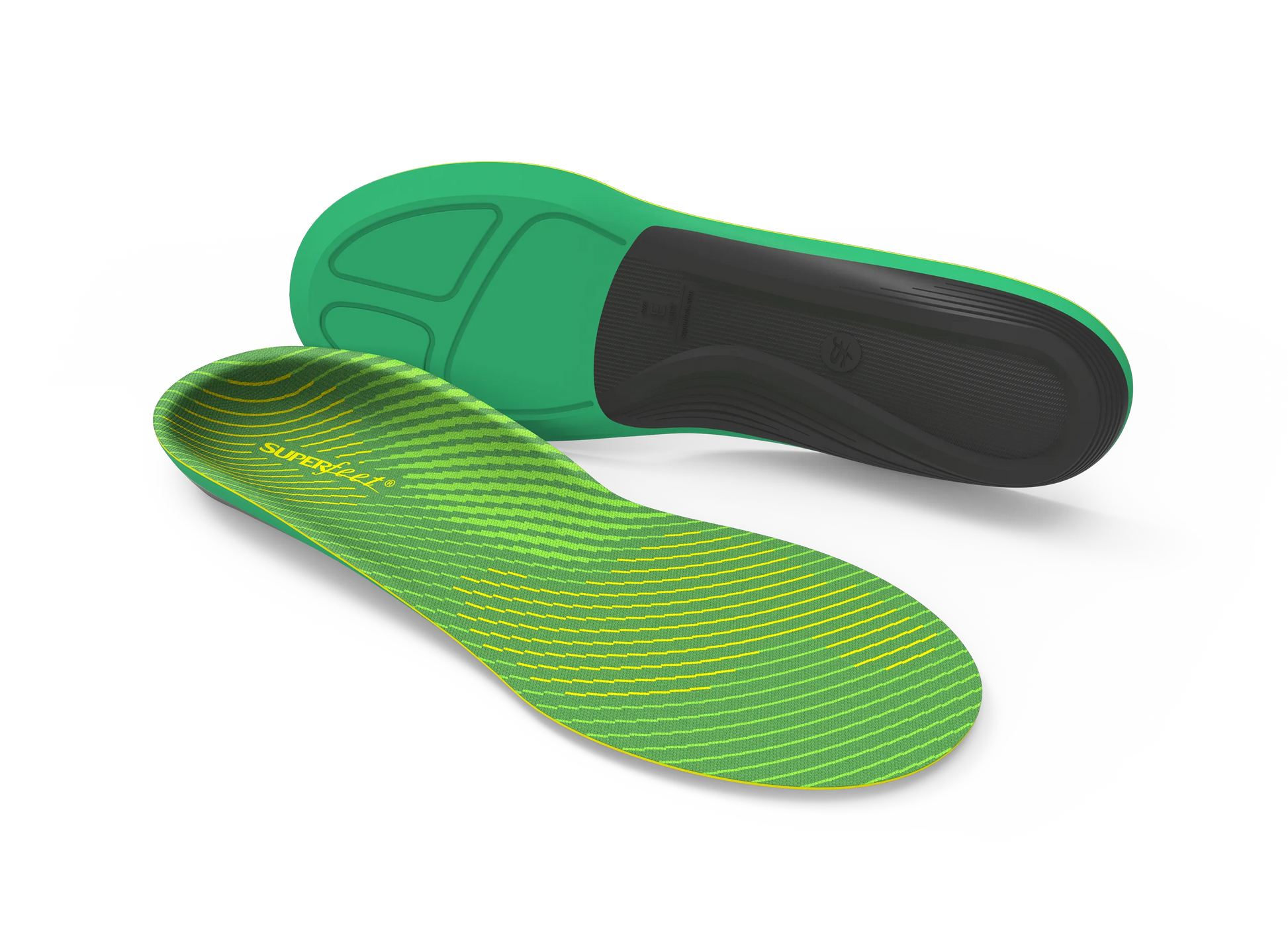 Green and black shoe insoles on a white background