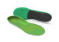 Green and black shoe insoles on a white background