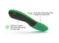 Green and black shoe insole with text highlighting features on a white background