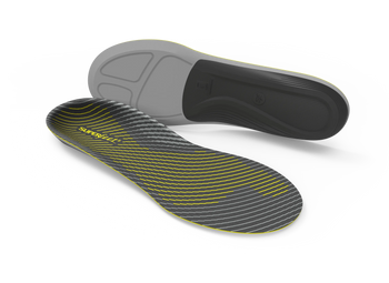 Gray and black shoe insole with yellow accents  and Superfeet branding on a white background