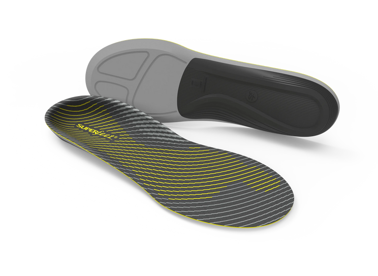 Gray and black shoe insole with yellow accents  and Superfeet branding on a white background