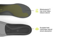 Close-up of a shoe sole with text highlighting Moisturewick top cover and sculpted heel design.