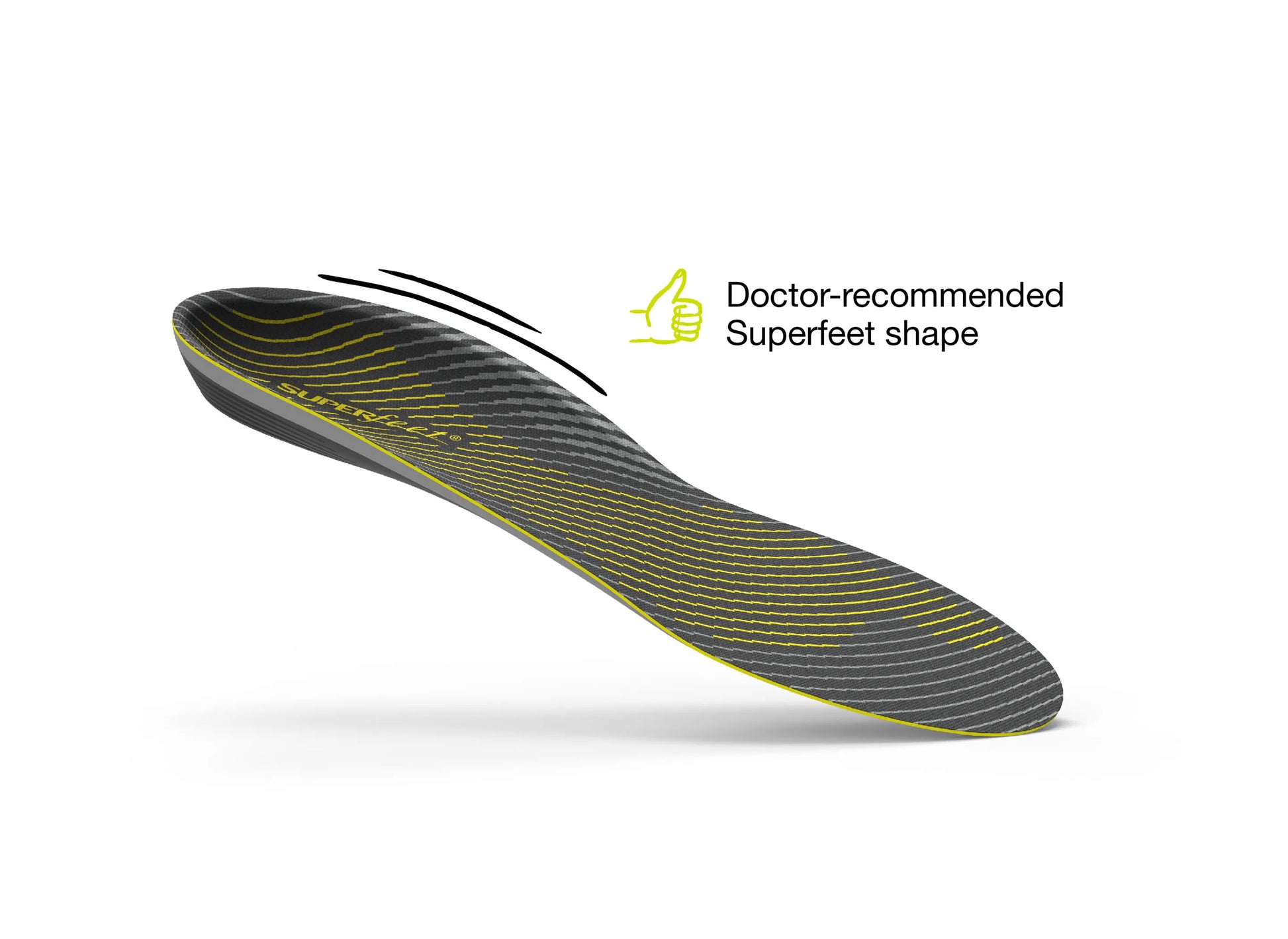 Shoe insole with 'Doctor-recommended Superfeet shape' text on a white background