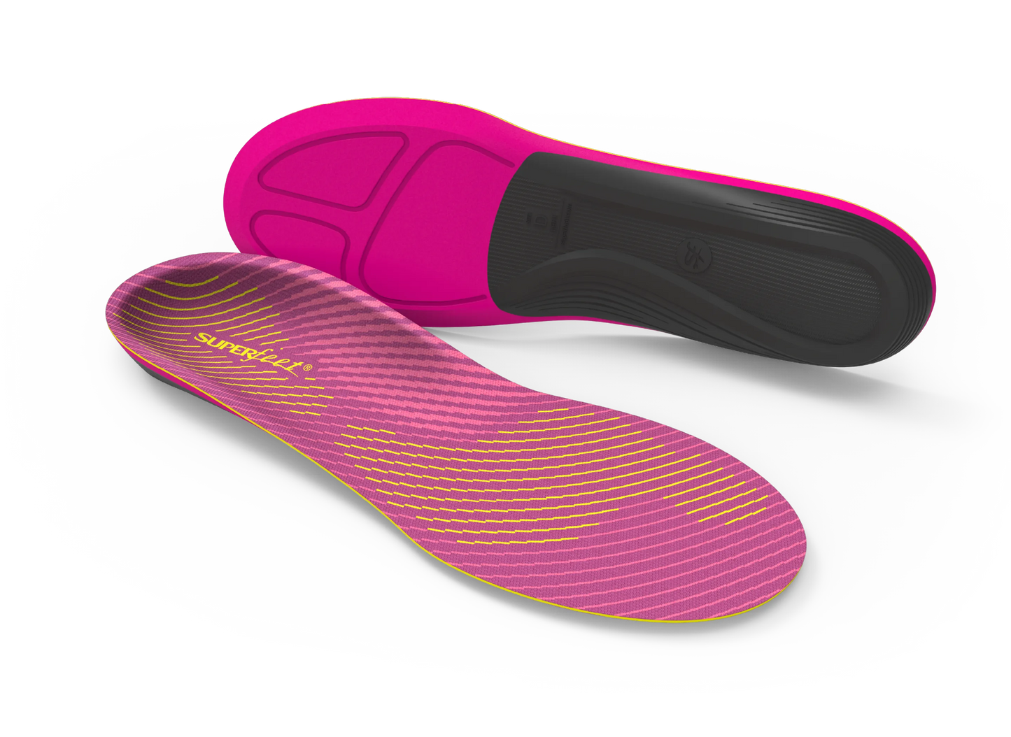 Pink and black shoe insoles on a white background