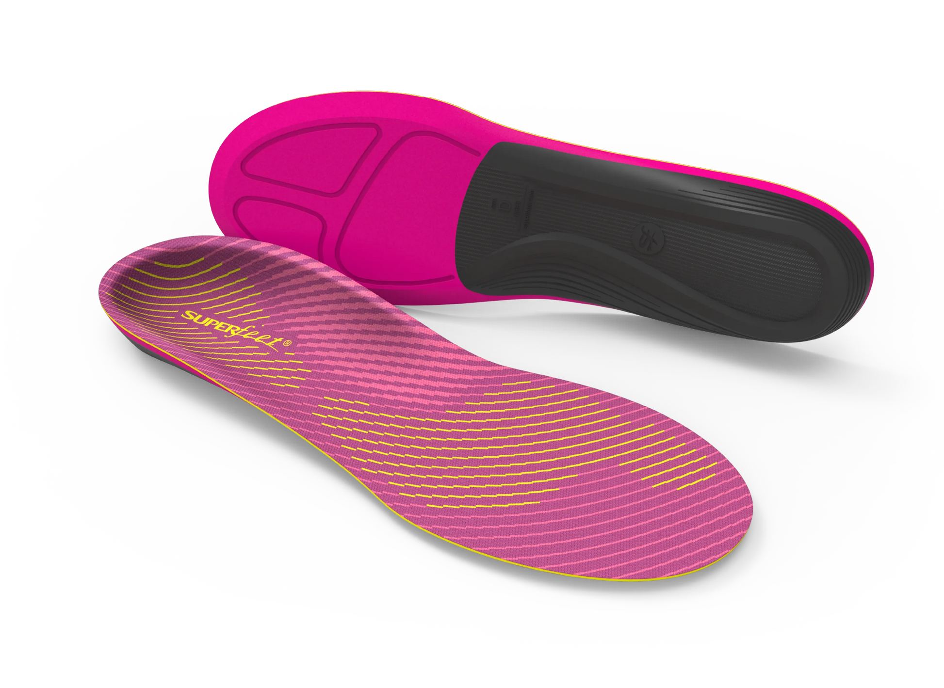 Pink and black shoe insoles on a white background