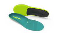 Two pairs of Superfeet insoles, one green and one teal, on a white background.
